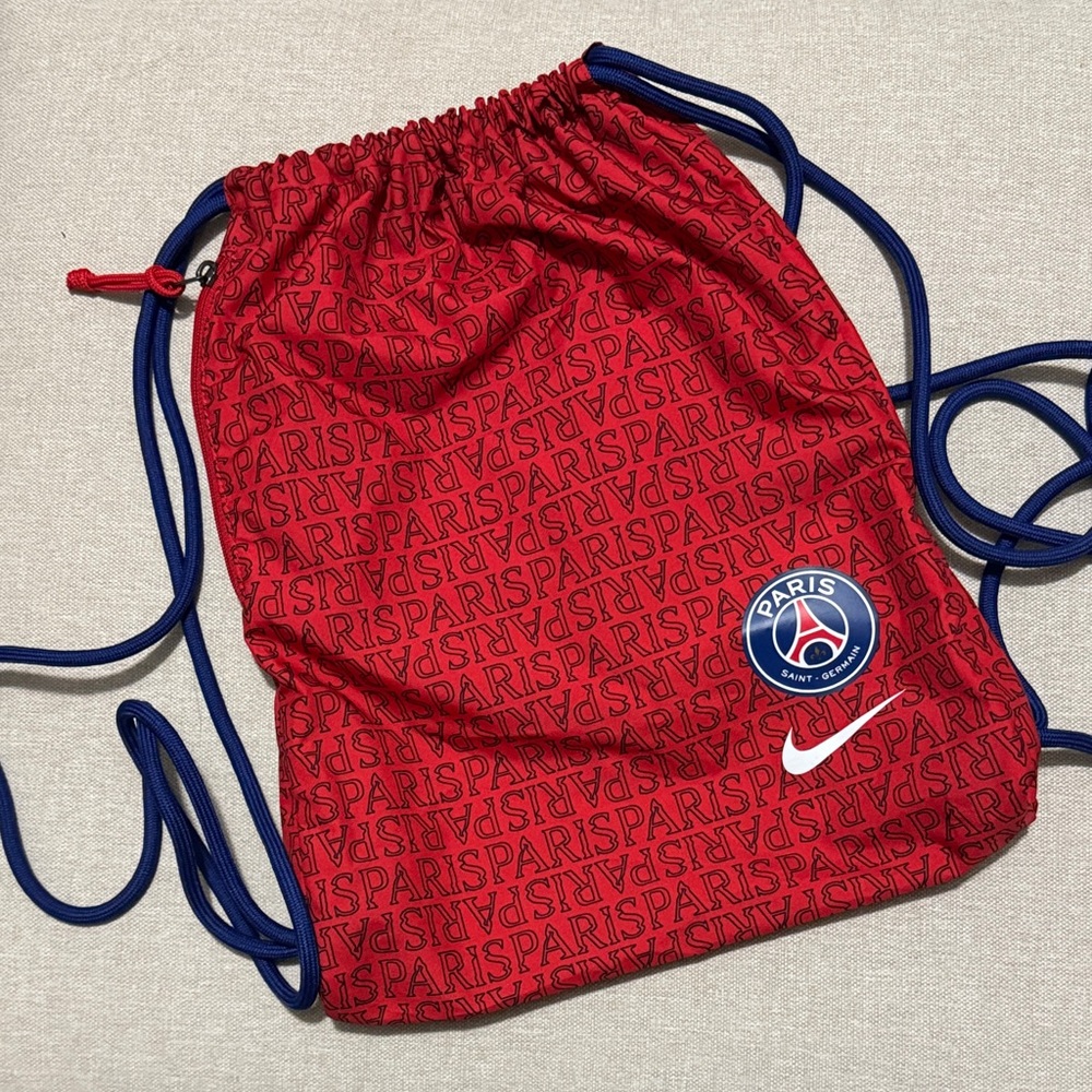 Nike String Backpack-Paris St Germain all over Logo-Red with Blue Accents-EUC
